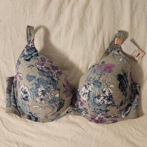 Cacique Lane Bryant Cotton Boost Plunge Bra Gray Grey Floral Bra 44 DDD